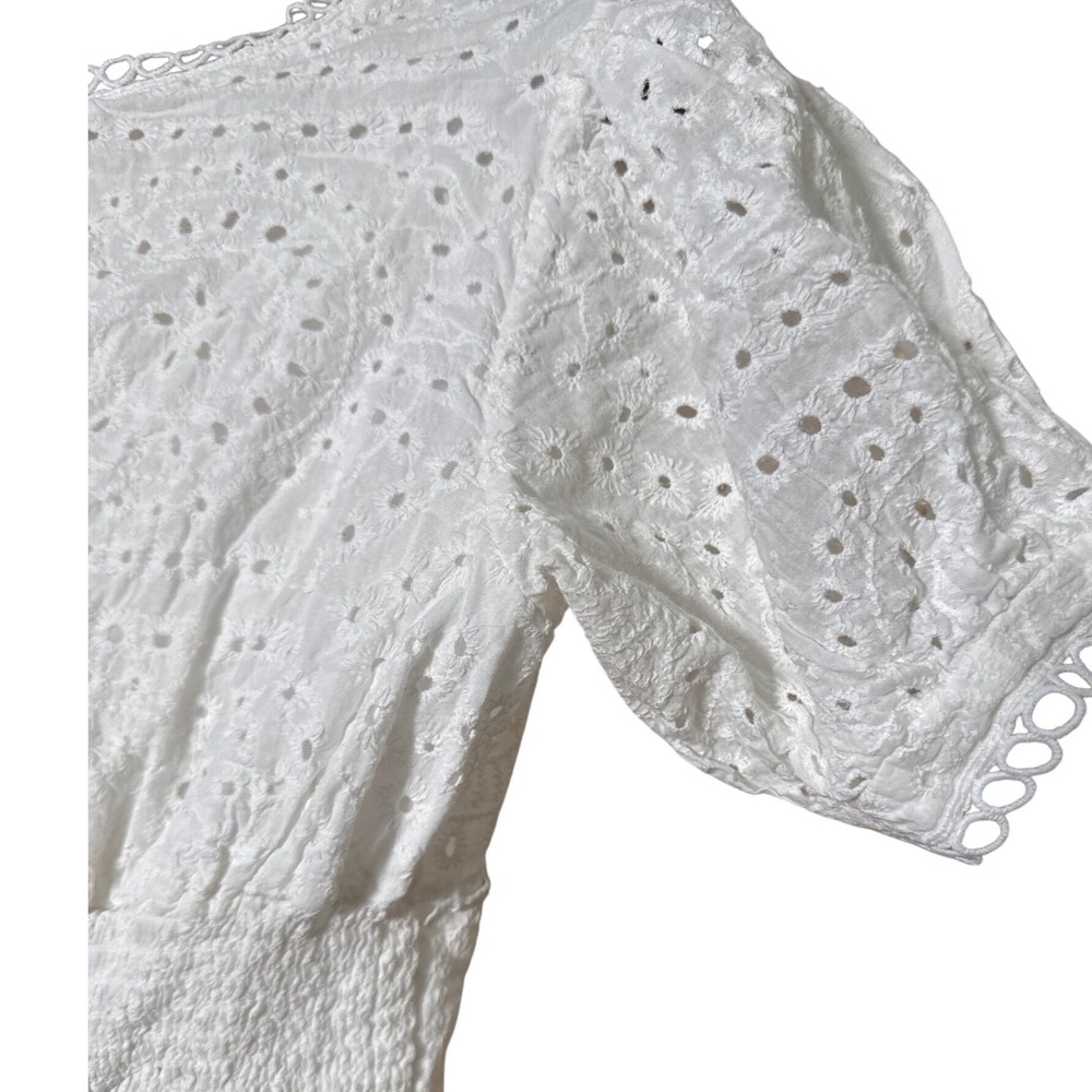 White Eyelet Lace V-Neck Crop Top Smocked Back Puff Sleeve Boho Cottagecore - Picture 9 of 12